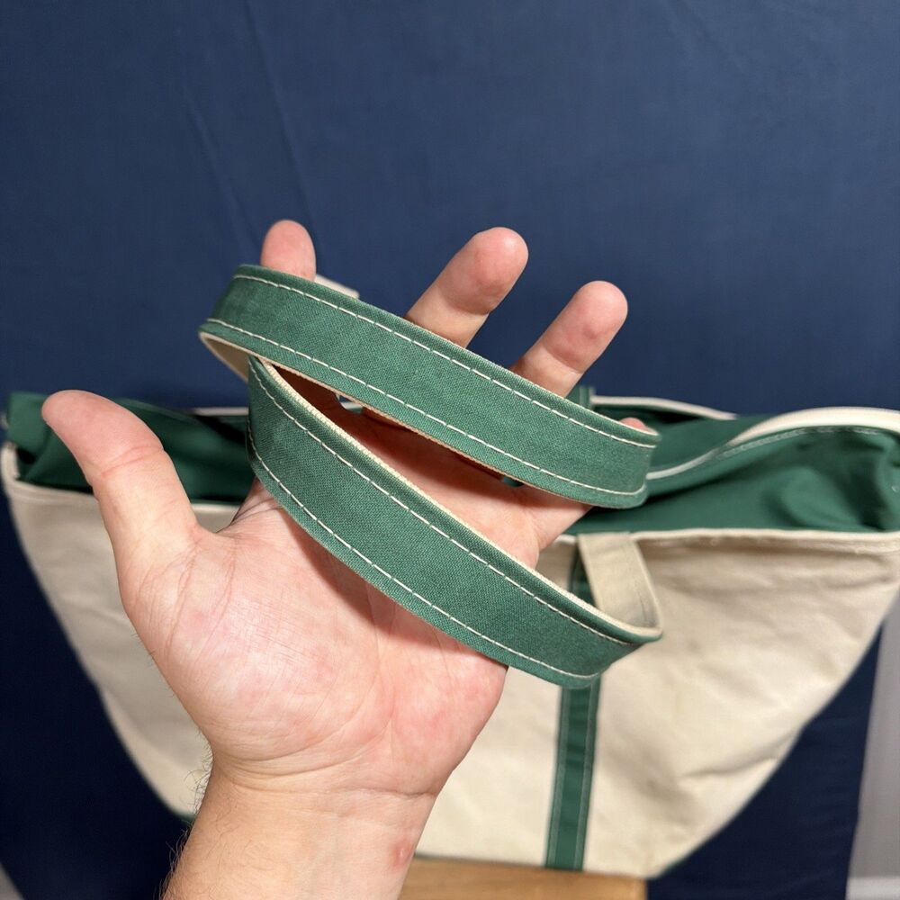 LL Bean Boat & Tote Green Trim White Canvas Tote Bag Large Zip Top Long Handles - Picture 2 of 5